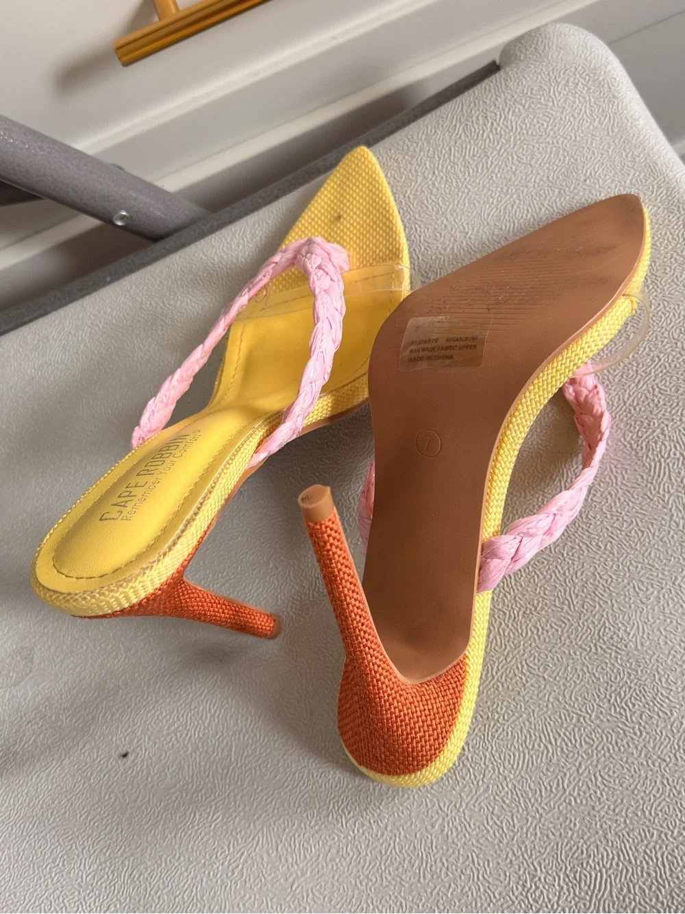 Cape Robbin Yellow Heeled Mules with Pink Braided Straps